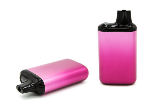 Disposable electronic cigarette with recharging isolated on white background. The concept of modern smoking, vaping and nicotine.