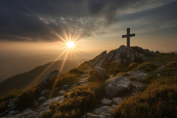 Christian cross on top of the mountain with sunlight and sunrays. Ai generated