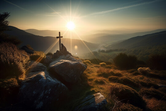 Christian cross on top of the mountain with sunlight and sunrays. Ai generated
