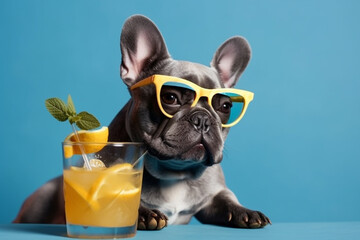 Cute funny dog with sunglasses and a cocktail. Ai generated
