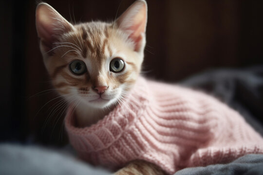 Cute cat or kitten dressed in a pink sweater. Ai generated