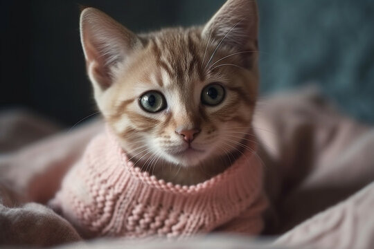 Cute cat or kitten dressed in a pink sweater. Ai generated