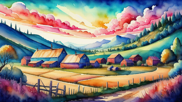 watercolor background, Village life, Nature background. Hand-drawn rural scene Landscape Illustration Background, Watercolor landscape painting colorful of village, Watercolor landscape original paint
