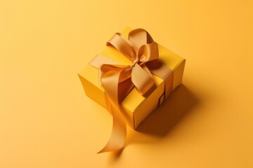  gift box tied with a silk ribbon on a yellow background postcard .Free space for your text.Generative AI