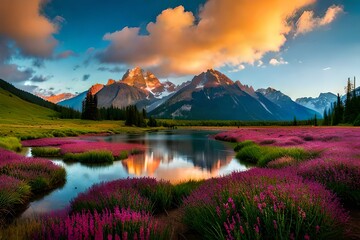 A tranquil mountain meadow dotted with colorful wildflowers, surrounded by majestic peaks