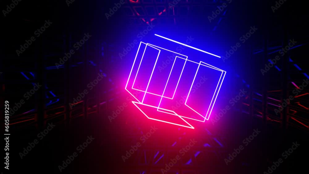 Aufkleber cube. 3d object or structure rotates and moves inside glass mirror tunnel with neon light, bright re