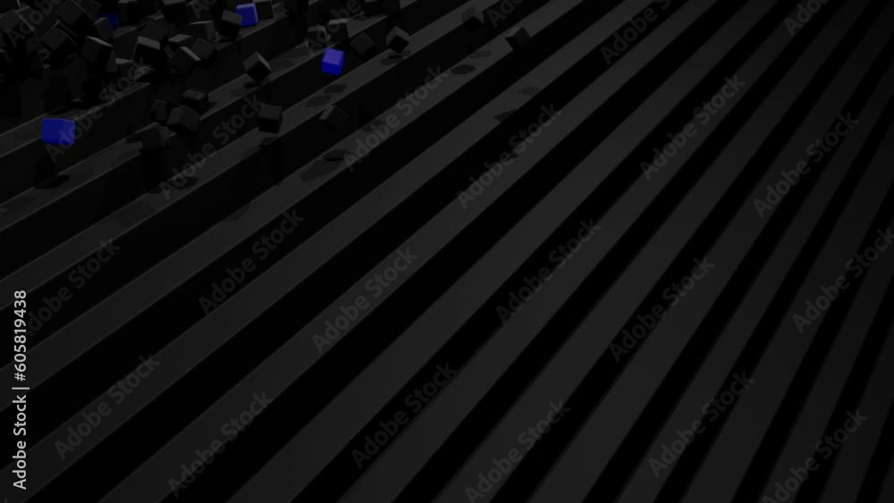 Poster cubes fall down on steps bounce off stair and roll down light up and form pattern. cubes like abstra