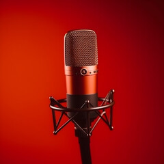 
Professional studio microphone on a plain bright red background, illustration for performances and podcasts, sound recording. generative ai