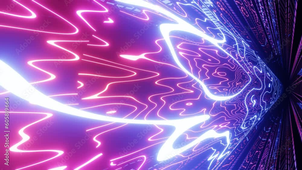Poster hi-tech neon sci-fi tunel. trendy neon glow lines form pattern and construction in mirror tunnel. sc
