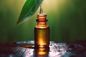Alternative medicine and healing products, herbal natural cosmetics, aromatherapy and essential oils concept. A drop of liquid falls into a bottle on the background of nature. Generative AI - obrazy, fototapety, plakaty