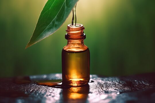 Alternative Medicine And Healing Products, Herbal Natural Cosmetics, Aromatherapy And Essential Oils Concept. A Drop Of Liquid Falls Into A Bottle On The Background Of Nature. Generative AI