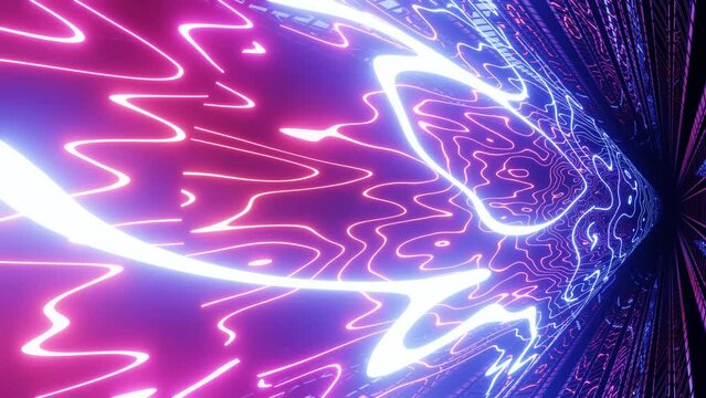 Hi-tech neon sci-fi tunel. Trendy neon glow lines form pattern and construction in mirror tunnel. Sci-fi pattern with glow frames. Fly through technology cyberspace. 3d looped seamless 4k bg.