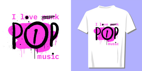 Cute print for pop fans. Y2k glamour girly t shirt. Retro urban style grunge drawing with slogan text. Graffiti tagging of Pop. Spray effect for clothes, hoodie, cover, streetwear - Vector artwork.