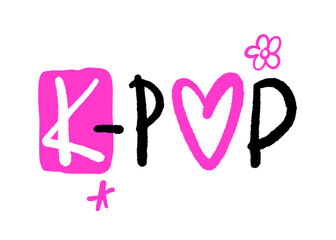 Kawaii print for kpop fans. Retro urban style grunge drawing with cute slogan text. Graffiti tagging of K-pop. Spray effect for pink, cover, t shirt, streetwear - Vector artwork.