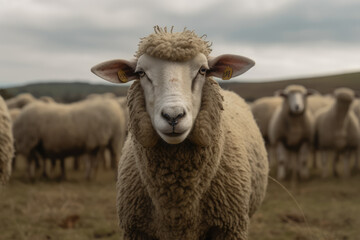 Fototapeta premium sheep looking at the camera in a farm pasture, beautiful background, farm background, hyperrealistic, ai generated.
