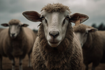 Fototapeta premium sheep looking at the camera in a farm pasture, beautiful background, farm background, hyperrealistic, ai generated.