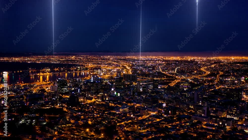 Aufkleber smart city, data streams and network connection with light, night and buildings with code. futuristi