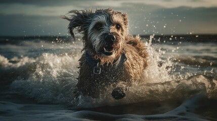 Energetic Bearded Collie Leaping into the Water: The Quest for the Ball, Revealed by Generative AI
