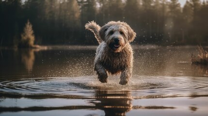 Energetic Bearded Collie Leaping into the Water: The Quest for the Ball, Revealed by Generative AI