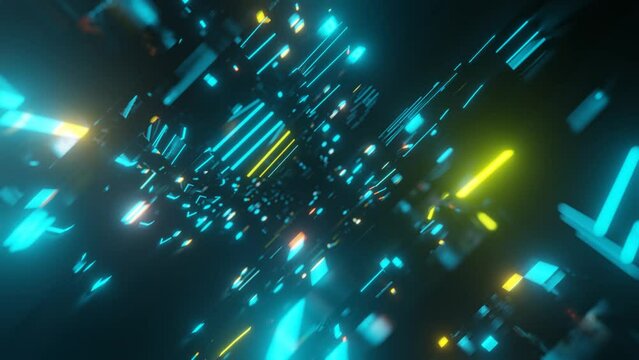 Fly through technology cyberspace with neon glow. Sci-fi flight through hi-tech technology tunnel. Hologram and neon light. 3d looped seamless 4k bright background. Data flow