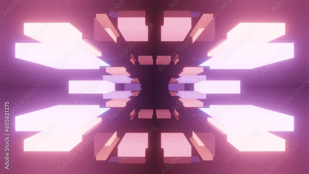Poster fly through symmetrical tunnel with neon glow 3d objects, sci fi glow pattern. bright reflection neo