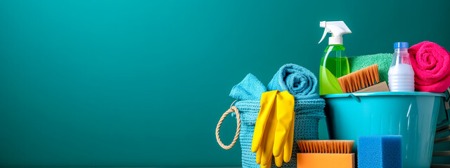 cleaning products, banner with copy space, photorealistic, made with Generative AI