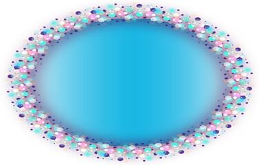 Stylish multi-colored elliptical frame. Blurred circles of pastel colors arranged in an ellipse with a pastel blue background in the middle, with empty space for marketing or other message	