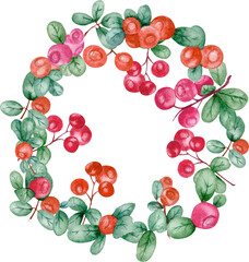 watercolor wreaths with red berries and leaves