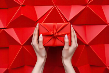 Woman's hands holding gift or present box on red background, top view. Generative AI