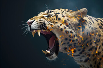 a roaring jaguar from side view isolated gray background  - Generative AI