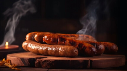 Close-up view of grilled bbq sausages. Meat dish. Generative AI