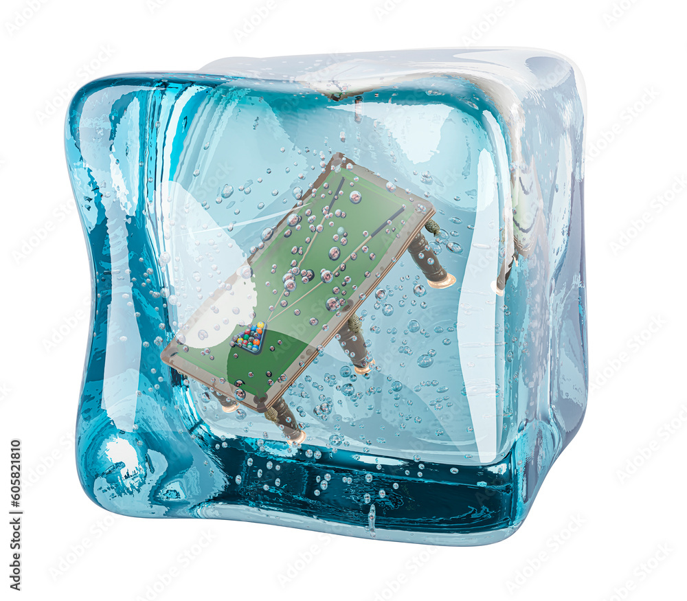 Poster billiard table frozen in ice cube, 3d rendering