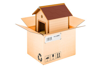 Wooden doghouse inside cardboard box, delivery concept, 3D rendering