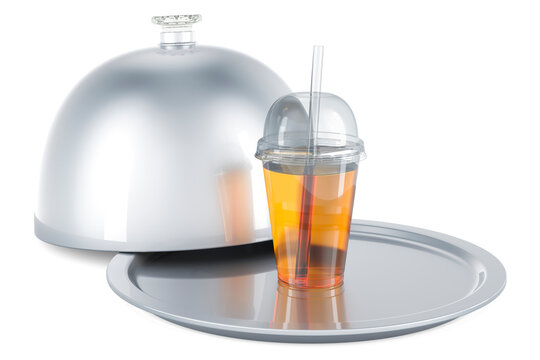 Restaurant cloche with plastic disposable transparent cup with drink, 3D rendering