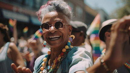 Happy senior African American woman with grey hair at gay pride parade. Pride month celebration, LGBTQ rainbow flag. Generative Ai. - obrazy, fototapety, plakaty