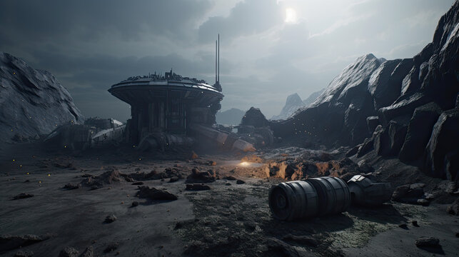 illustration of a base on the surface of an asteroid. - AI generated image.