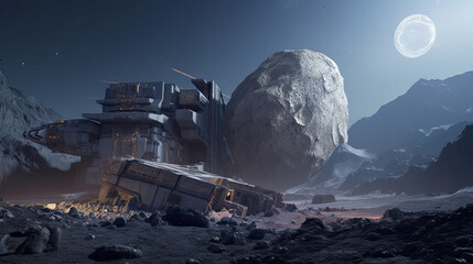 illustration of a base on the surface of an asteroid. - AI generated image.