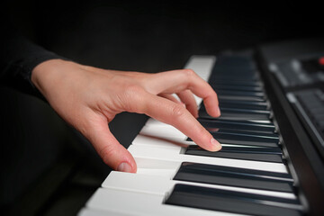 Fototapeta premium Playing a synthesizer on a dark background. The musician plays the synthesizer.
