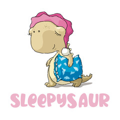 Cute little sleepyhead dinosaur with blue pillow