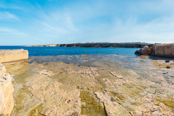 Stone geological structures on Massolivieri summer sea coast (Siracusa, Sicily, Italy).