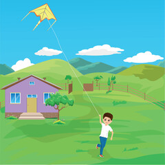 Obraz na płótnie Canvas boy flying kite in the garden