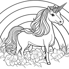 Cute unicorn with flowers and rainbow children's illustration. Black and white magical unicorn coloring page and sketch animals. 