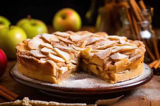 Amazing Apple Pie on wood plate dusted with cinnamon sugar with blurred items in background. AI Generated
