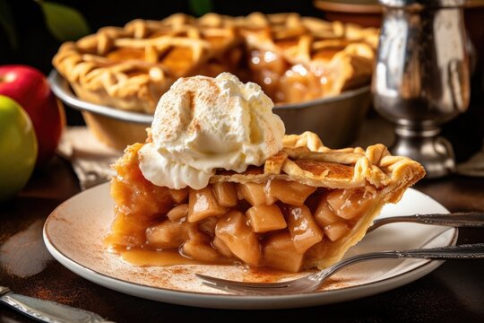 Divine Apple Pie served on white plate with dollop of fresh whipped cream and cinnamon with blurred pie in background. AI Generated