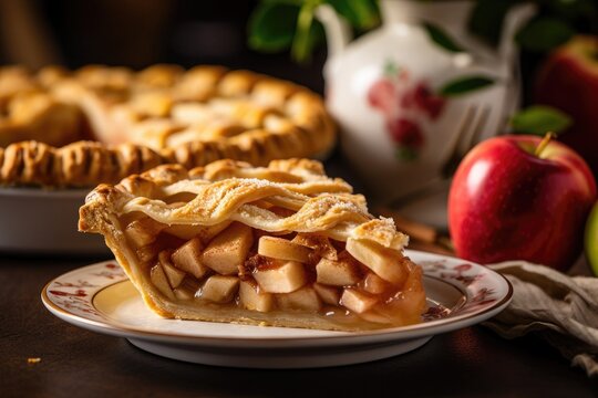 Divine Apple Pie served on ornate plate with pie in the background. AI Generated