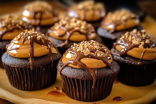 Luscious Double Dark Chocolate Cupcakes with Peanut Butter and chocolate sauce served on wood plate. AI Generated