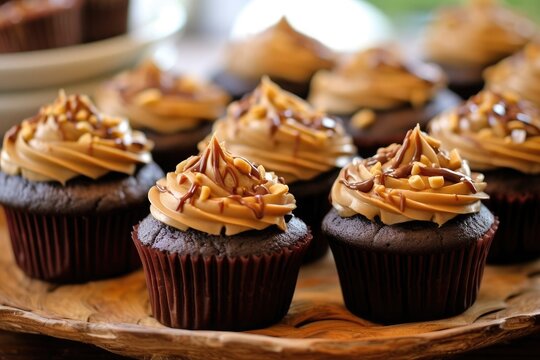Decadent Double Dark Chocolate Cupcakes with Peanut Butter and caramel sauce on wood serving trey. AI Generated