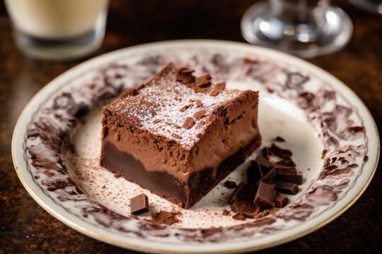 Decadent Double Chocolate Brownie with dusted with powdered sugar served on ornate plate with blurred background. AI Generated