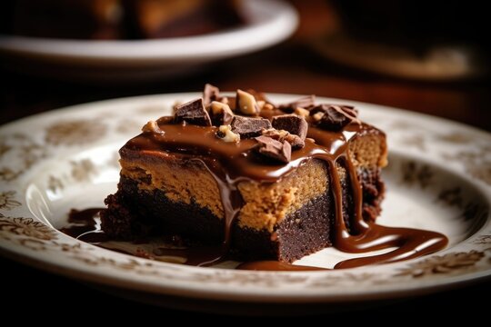 Decadent Chocolate Peanut Butter Brownie with chocolate sauce served in ornate bowl with blurred background. AI Generated