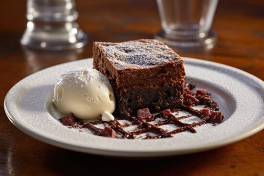 Luscious Brownie with ice cream and chocolate sauce dusted with powdered sugar served on white plate with blurred background. AI Generated